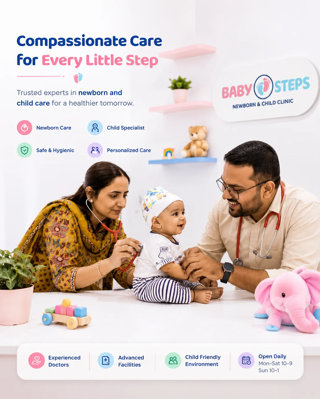 Dr. Sudarshan Dev Arya and Dr. Manisha Bangarwa Arya examining a baby at Baby Steps Clinic Bhopal